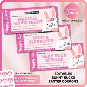 Editable Easter Bunny Bucks & Easter Coupons. Canva Template. Instant Download. Bonus. Personalized Egg Hunt Coupon. Easter Basket Stuffers.