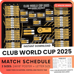 AKTUALISIERT: Lehrtafel der Klub-WM 2025. Druckbares Poster + Letter Size (Farbe + Schwarzweiß). 3 USA Times. 4 PDF-Downloads. Fußball Spiel Spielplan