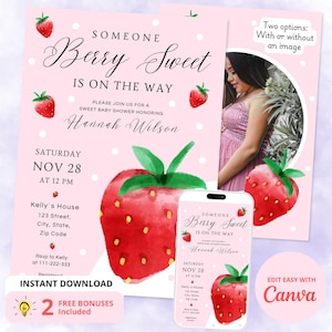 Berry Sweet Baby on the Way Invitation Template, Strawberry Baby Shower Invite | Easily edit on Canva. Printable, Mobile + Back design