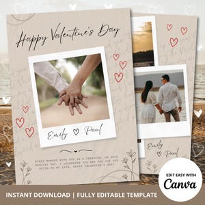 Cartão de foto feliz dia dos namorados | Cartão romântico estilo polaroid para o dia dos namorados | Edite e adicione fotos facilmente | Modelo Canva. Download instantâneo.
