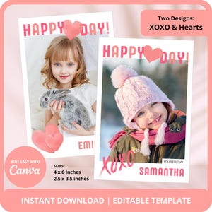 Valentinstag Foto Karte zum Ausdrucken für Kinder. Klassenzimmer-Valentinstagskarten | XOXO & Herzen Designs | 2 Größen. Canva Vorlage. Sofort Download