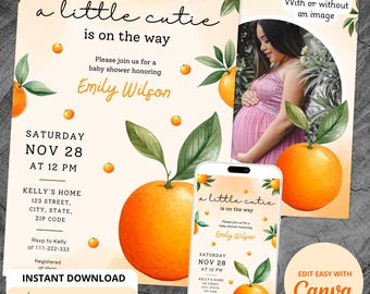 Faire-part de baby shower Little Cutie : thème orange agrumes (modèle de toile)