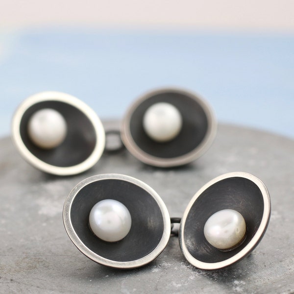 Double Sided Cufflinks. Pearl Anniversary Gift For Him