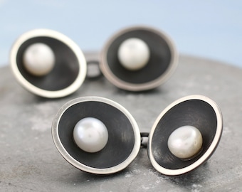 Double Sided Cufflinks. Pearl Anniversary Gift For Him