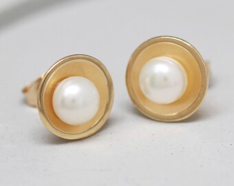 9ct Gold Pearl Earrings. Small gold pearl earrings. Handmade