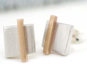 Geometric Earrings. Square Silver And 9ct Gold Studs