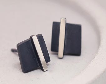 Silver Black Stud Earrings – Art Deco Square Minimalist Jewellery Gift for Her