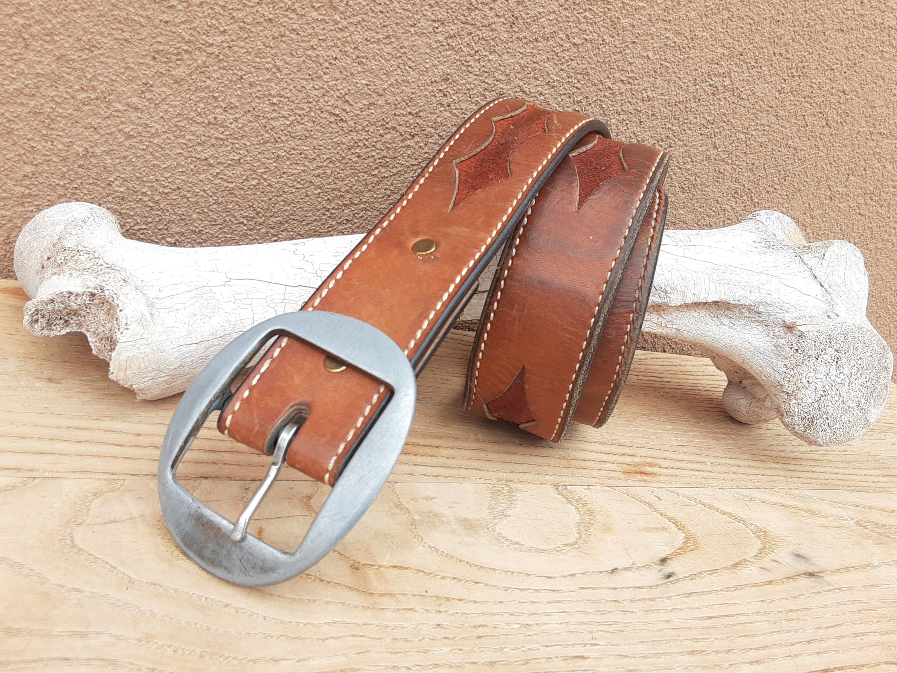 Vintage Tanned Cowhide Leather Western Belt With Silver  display picture 1