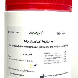 May include: A white cylindrical container with a red lid, labeled "Mycological Peptone" from AuSaMics Life Science. The label includes product information, storage instructions, and the expiration date of Dec. 2028. The container holds 500g.