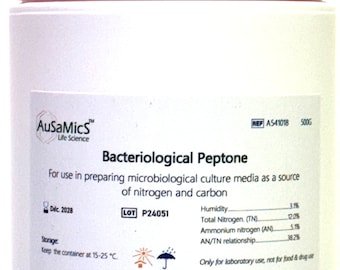May include: A white plastic jar with a red lid labeled "Bacteriological Peptone" with the text "For use in preparing microbiological culture media as a source of nitrogen and carbon." The jar has a label with the text "LOT P24051" and "REF A541018 500G".