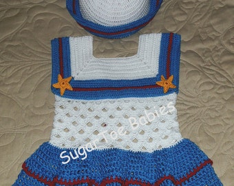 Baby Girl Sailor Dress and Hat 18 to 24 mo Crochet Pattern PDF