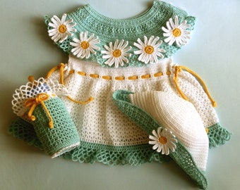 Baby Dress, Sun Hat  Bottle Cover Daisies NOT Motifs Made in 2 rows  PDF Pattern