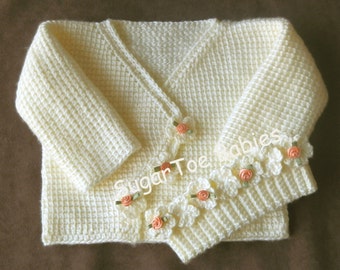 Baby Girl Sweater Set  12mo  Tunisian PDF Pattern Flowers in 1 row