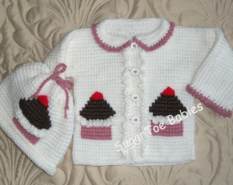 Baby Girl Sweater Set  Cupcakes 12-18 Months Tunisian Stitch  PDF Pattern