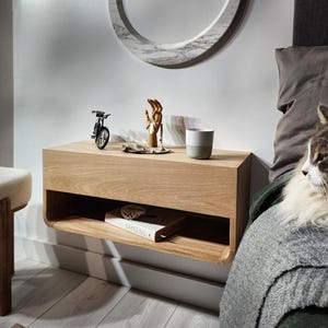 Floating Nightstand with Drawer & Shelf - Minimalist Bedside Table - Solid Wood Bedroom Furniture