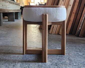 Solid Oak Square Pouf Ottoman - Minimalist Handmade Wood Footstool Side Table Furniture