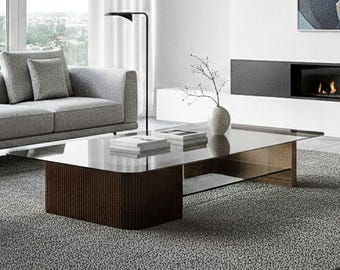 Unique Coffee Table: Solid Oak Glass Top Minimalist Rectangle Low Centerpiece with Shelf