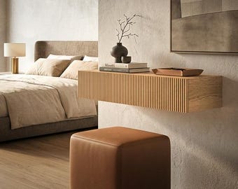 Floating Oak Console Table | Minimalist Wall Mounted Solid Wood Drawer Shelf Entry Hallway Furniture