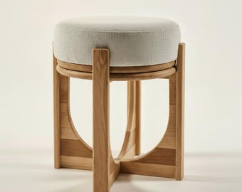 Ottoman Pouf Stool: Solid Oak Wood Minimalist Versatile End Table and Foodstool