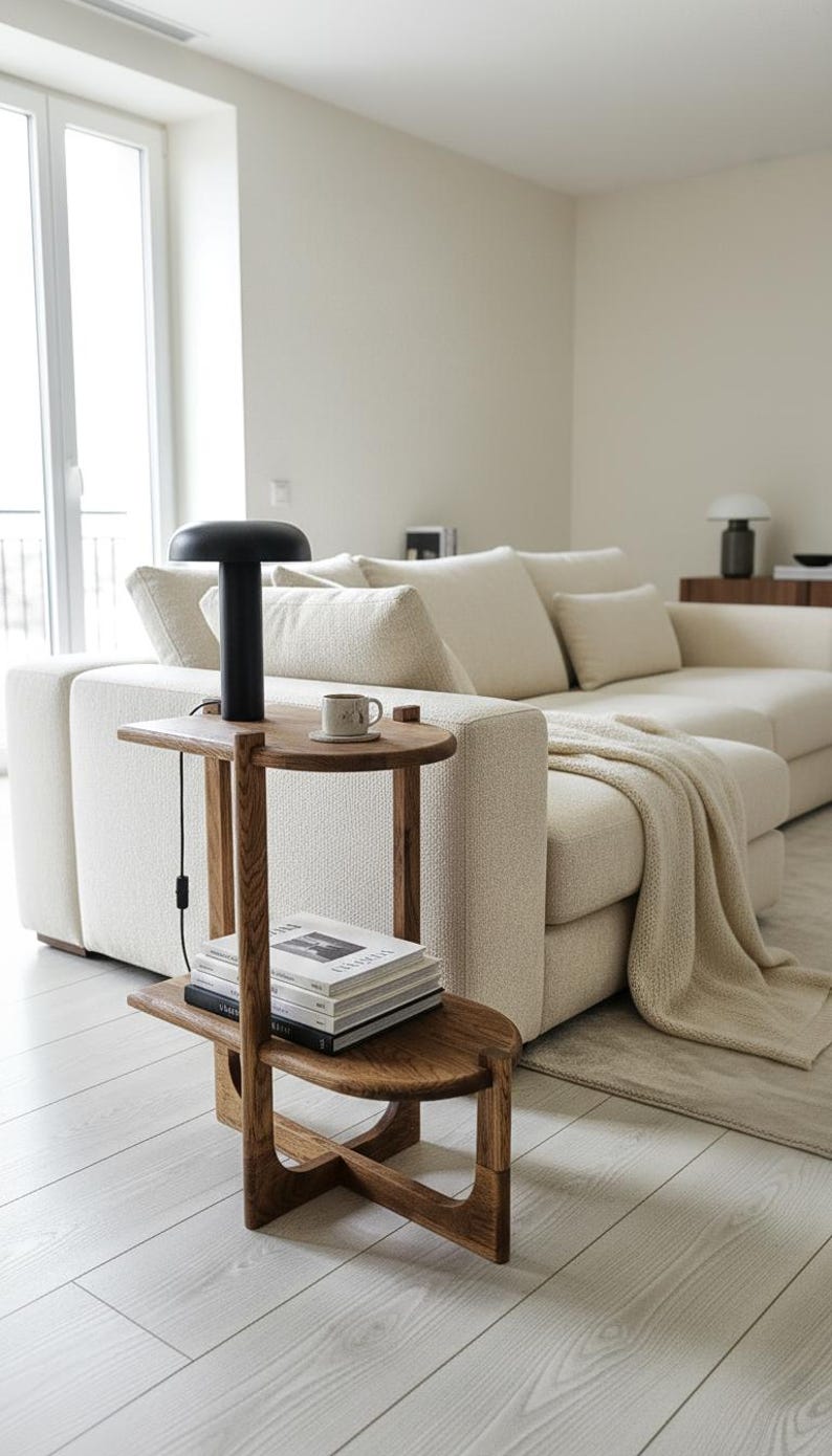 Handcrafted solid oak end table with a minimalist two-tier design. Made from natural oak wood - finished with linseed oil for a smooth - eco-friendly touch. Compact - functional, perfect for small spaces, bedrooms, living areas. Handgefertigter Nachttisch aus massivem Eichenholz mit minimalistischem zweistufigem Design. Gefertigt aus natürlicher Eiche, mit Leinöl veredelt für eine glatte, umweltfreundliche Oberfläche. Kompakt und funktional, ideal für kleine Räume, Schlafzimmer - Wohnbereiche.