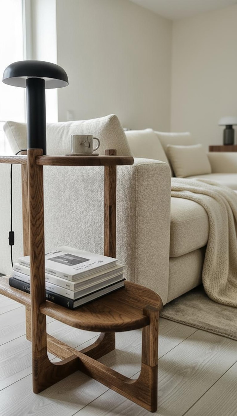 Handcrafted solid oak end table with a minimalist two-tier design. Made from natural oak wood - finished with linseed oil for a smooth - eco-friendly touch. Compact - functional, perfect for small spaces, bedrooms, living areas. Handgefertigter Nachttisch aus massivem Eichenholz mit minimalistischem zweistufigem Design. Gefertigt aus natürlicher Eiche, mit Leinöl veredelt für eine glatte, umweltfreundliche Oberfläche. Kompakt und funktional, ideal für kleine Räume, Schlafzimmer - Wohnbereiche.