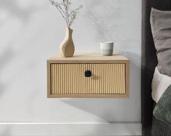 Solid Oak Floating Nightstand: Minimalist Wall-Mounted Bedside Table