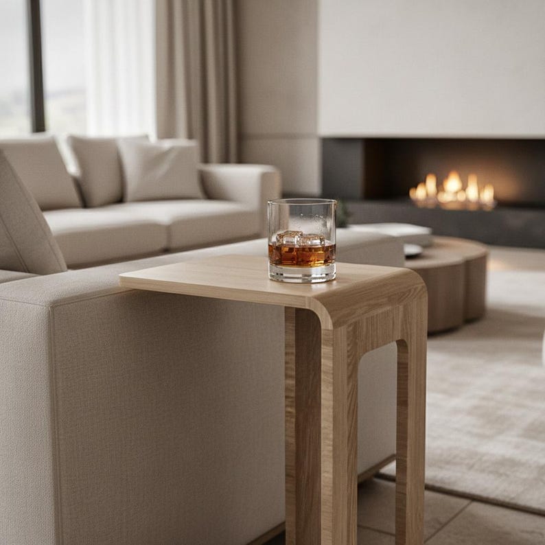 Perfect for modern living rooms, this minimalist C-form side table is handcrafted from solid oak. Features smooth wheels and a built-in magazine rack for ultimate convenience.