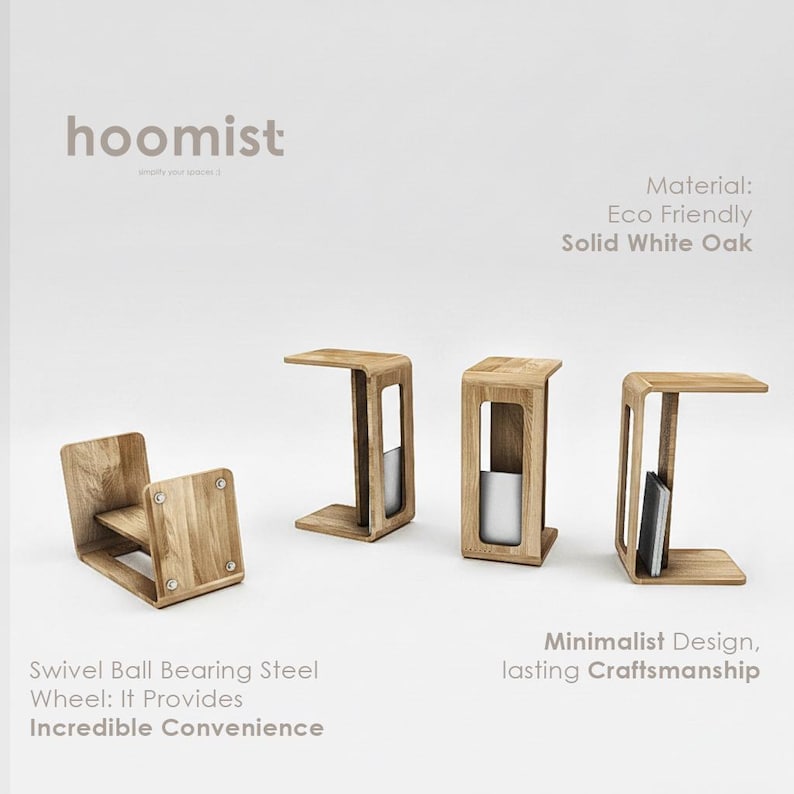Perfect for modern living rooms, this minimalist C-form side table is handcrafted from solid oak. Features smooth wheels and a built-in magazine rack for ultimate convenience.