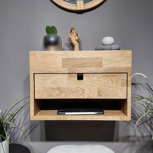 Minimalist Floating Console Table Oak, with Three Drawers and Shelf for Entryway Storage, Vanity Desk and Organization