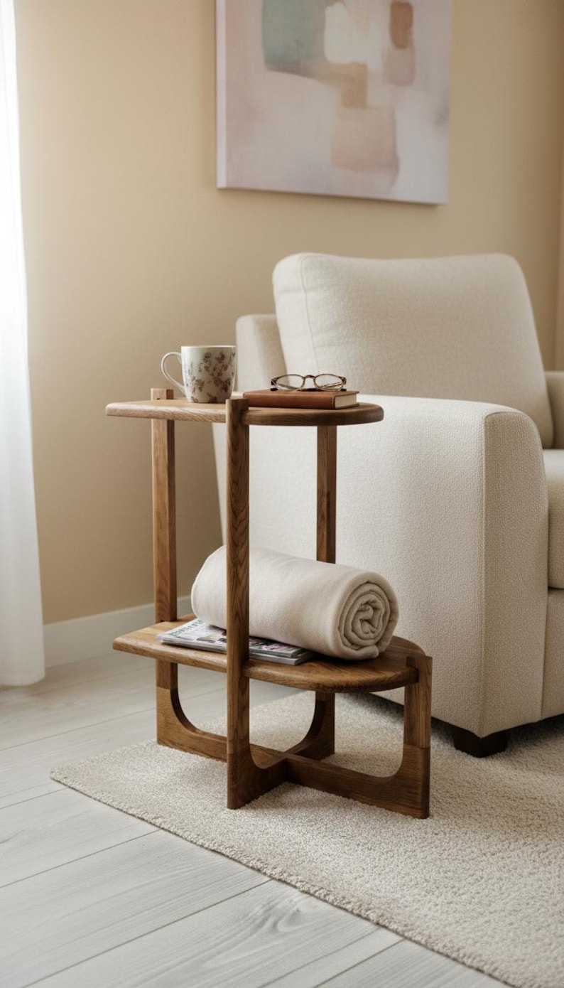 Handcrafted solid oak end table with a minimalist two-tier design. Made from natural oak wood - finished with linseed oil for a smooth - eco-friendly touch. Compact - functional, perfect for small spaces, bedrooms, living areas. Handgefertigter Nachttisch aus massivem Eichenholz mit minimalistischem zweistufigem Design. Gefertigt aus natürlicher Eiche, mit Leinöl veredelt für eine glatte, umweltfreundliche Oberfläche. Kompakt und funktional, ideal für kleine Räume, Schlafzimmer - Wohnbereiche.