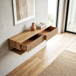Minimalist Floating Oak Console Fluted Drawers Modern Wood Furniture Wall Mounted TV Stand  Sideboard