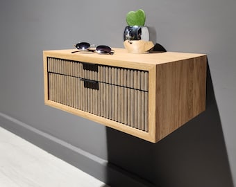 Floating Nightstand with Drawers: Minimalist Solid Oak Wood Wall Mounted Bedside Table Bedroom Furniture