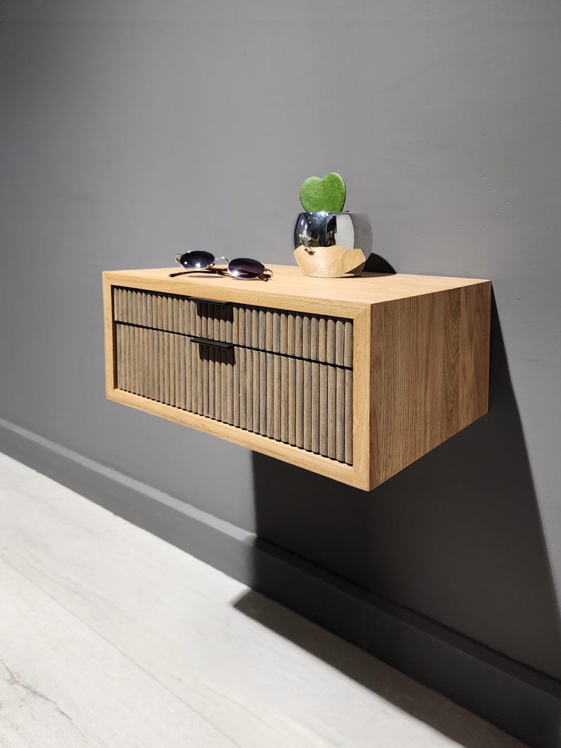 Solid Oak Floating Nightstand Minimalist Real Wood Wall Mounted Bedside ...
