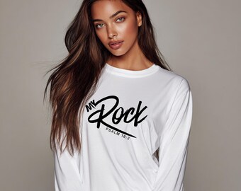 My Rock Psalm 18:2 Shirt, Christian Long and Short Sleeve Tee, Faith Based Clothing, Inspirational Bible Verse Shirt, Unisex White Tee