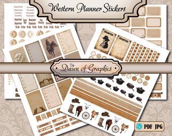 Western Cowboy Cowgirl Happy Planner Classic Printable Stickers Kit for Calendar, Scrapbooking, Journal 4 full sized sheets 199 Elements