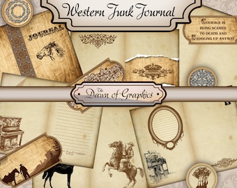 Cowboy Western Horse Pack Junk Journal Pages Digital Scrapbooking Kit Vintage printable art crafting instant download digital collage sheet