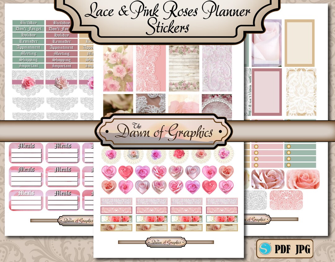 Lace & Pink Roses Happy Planner Stickers - Printable Full Size Large ...
