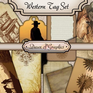 May include: A set of vintage-style Western-themed printable tags. The tags feature images of a horse, a cowboy, a piano, and a decorative design. The tags are perfect for adding a rustic touch to your crafts and gifts.