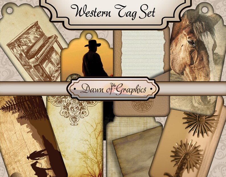 May include: A set of vintage-style Western-themed printable tags. The tags feature images of a horse, a cowboy, a piano, and a decorative design. The tags are perfect for adding a rustic touch to your crafts and gifts.