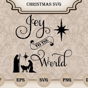 May include: Black and white silhouette design of a nativity scene with a star and the text "Joy to the World".