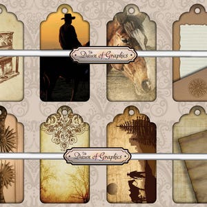 May include: Set of ten printable gift tags with a vintage western theme. The tags feature images of a piano, a spur, a horse, a tree, and a decorative design. The tags are in shades of brown, beige, and white.