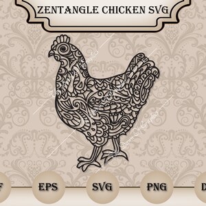May include: A black and white Zentangle chicken illustration. The chicken is detailed with intricate patterns and swirls. The image is set against a light brown background with a floral pattern.