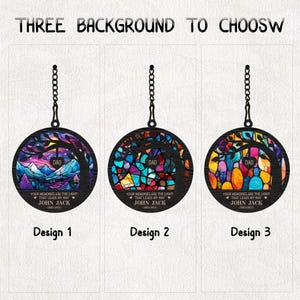 May include: Three different designs for a memorial ornament. Each design features a stained glass style tree with a heart and the text "DAD" at the top. The text "YOUR MEMORIES ARE THE LIGHT THAT LEADS MY WAY" is below the tree, followed by the name "JOHN JACK" and the dates "1963-2021".