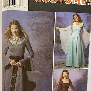 May include: Simplicity Costumes sewing pattern #891 for sizes 6, 8, 10, and 12. The pattern includes three different medieval-style dresses: a grey dress with a black belt, a light blue dress with a white cape, and a burgundy dress with a lace-up bodice.
