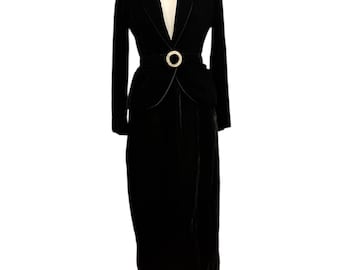 Vintage Oscar de la Renta 1970s Black Velvet Skirt Suit With Matching Belt
