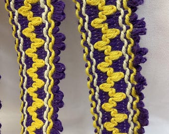 Vintage cotton knit ribbon trim from the 70s Purple and yellow braid costumes uniforms dance  3.75 cm width Beautiful  Quality Workmanship