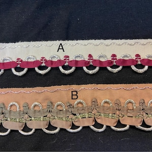 bordure vintage des années 40, 50 des années 60 bordure en ruban de pétoncles tresse dentelle fantaisie, argent métallisé crème pêche bordeaux