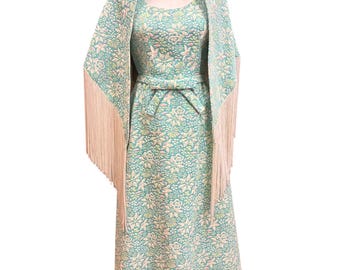 Vintage Roger Freres Paris Maxi Turquoise Floral Dress With Matching Tasselled Shawl