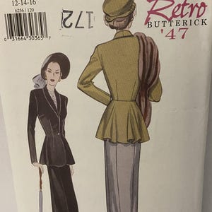 Può includere: Modello di cucito vintage per un tailleur da donna. Il modello è di Butterick, Retro '47, ed è di taglia 12-14-16. Il modello mostra due donne che indossano tailleur, uno nero e uno verde.