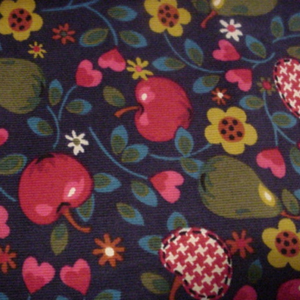 Vintage thick cut corduroy fabric Scarlet red hearts cherry pear fruit gold Navy 70's